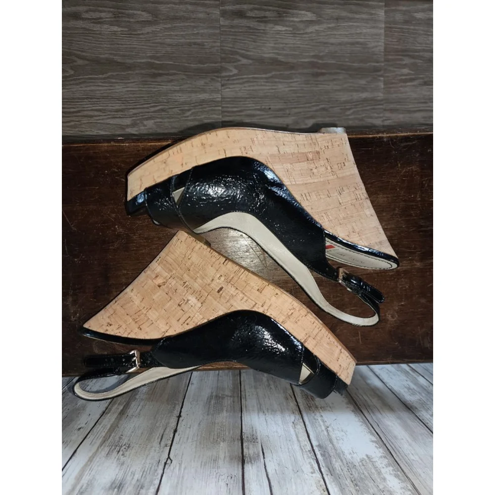 Women's Nine West Black Patent Cork Wedge Sandals Size 10 - Picture 8 of 10